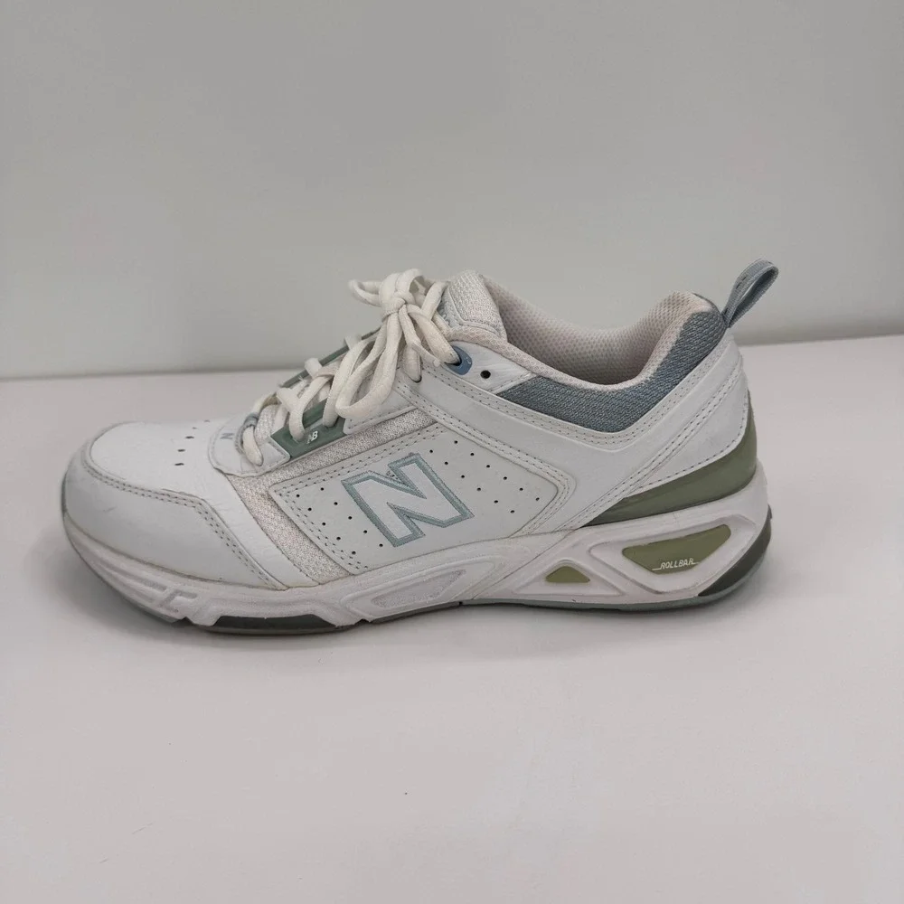 New Balance 855 Women's 8 Roll Bar White Blue Leather Walking Shoes - Picture 8 of 13